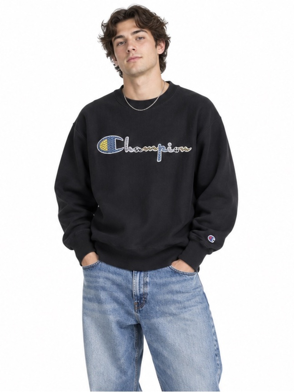 Vintage Y2K CHAMPION Reverse Weave Script Logo Sweatshirt Black L Relaxed Fit